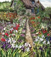 Thatched Cottage Garden, an earlier thread painting by Mitra McQuilton