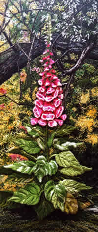 Foxgloves, an earlier thread painting by Mitra McQuilton