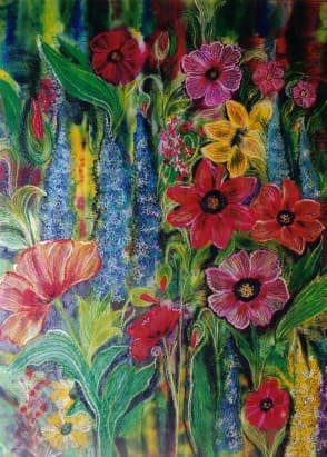 Arranged Garden Flowers, an earlier thread painting by Mitra McQuilton