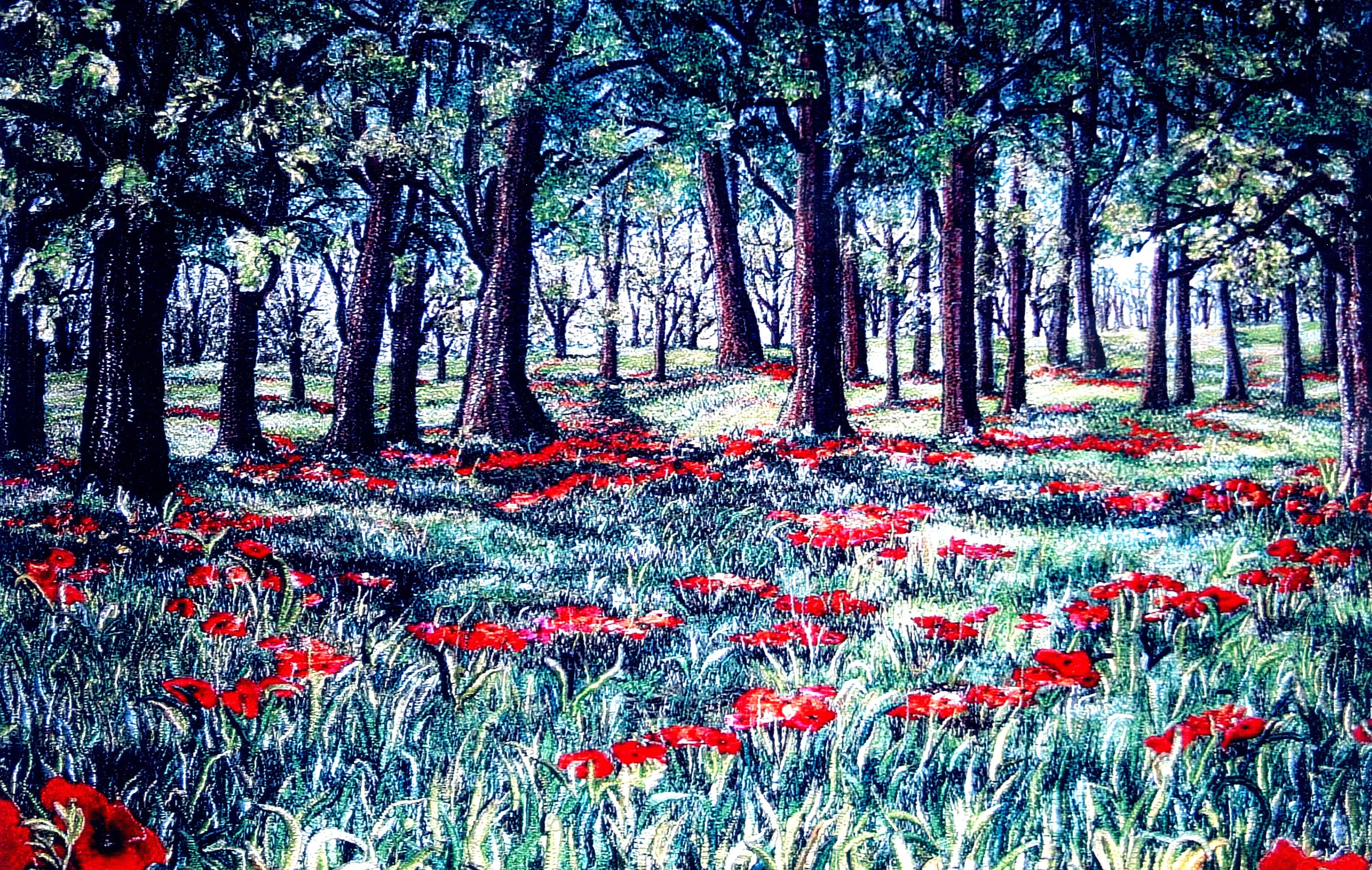 Woodland Poppies, an earlier thread painting by Mitra McQuilton