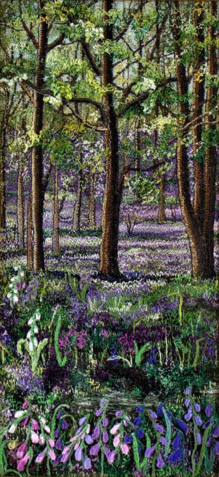 Woodland Bluebells, an earlier thread painting by Mitra McQuilton