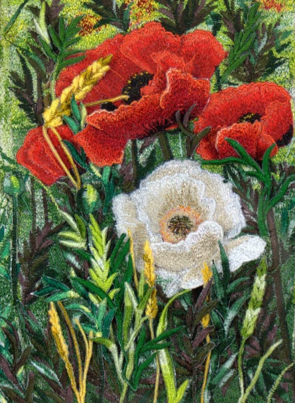 Red & White Poppies, an earlier thread painting by Mitra McQuilton