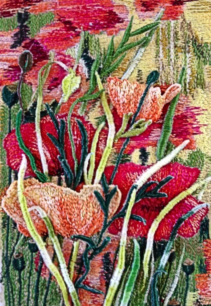 Poppy Meadow (b), an earlier thread painting by Mitra McQuilton