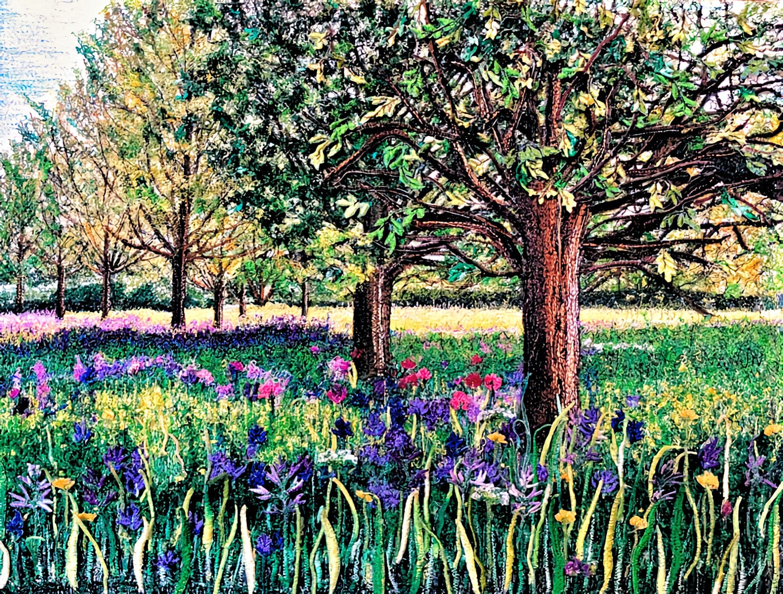 The Old Tree in the Meadow, a thread painting by Mitra McQuilton