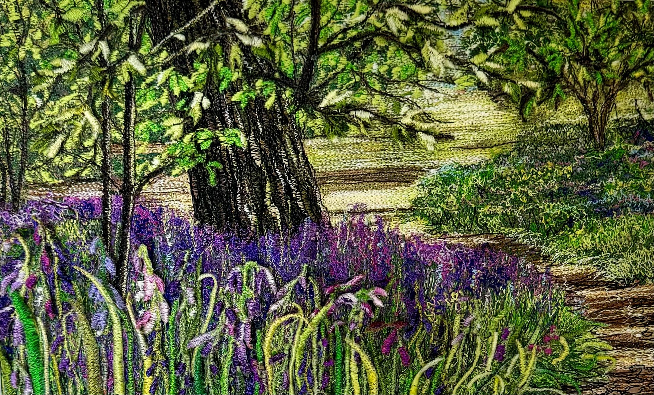 Bluebell Path, a thread painting by Mitra McQuilton