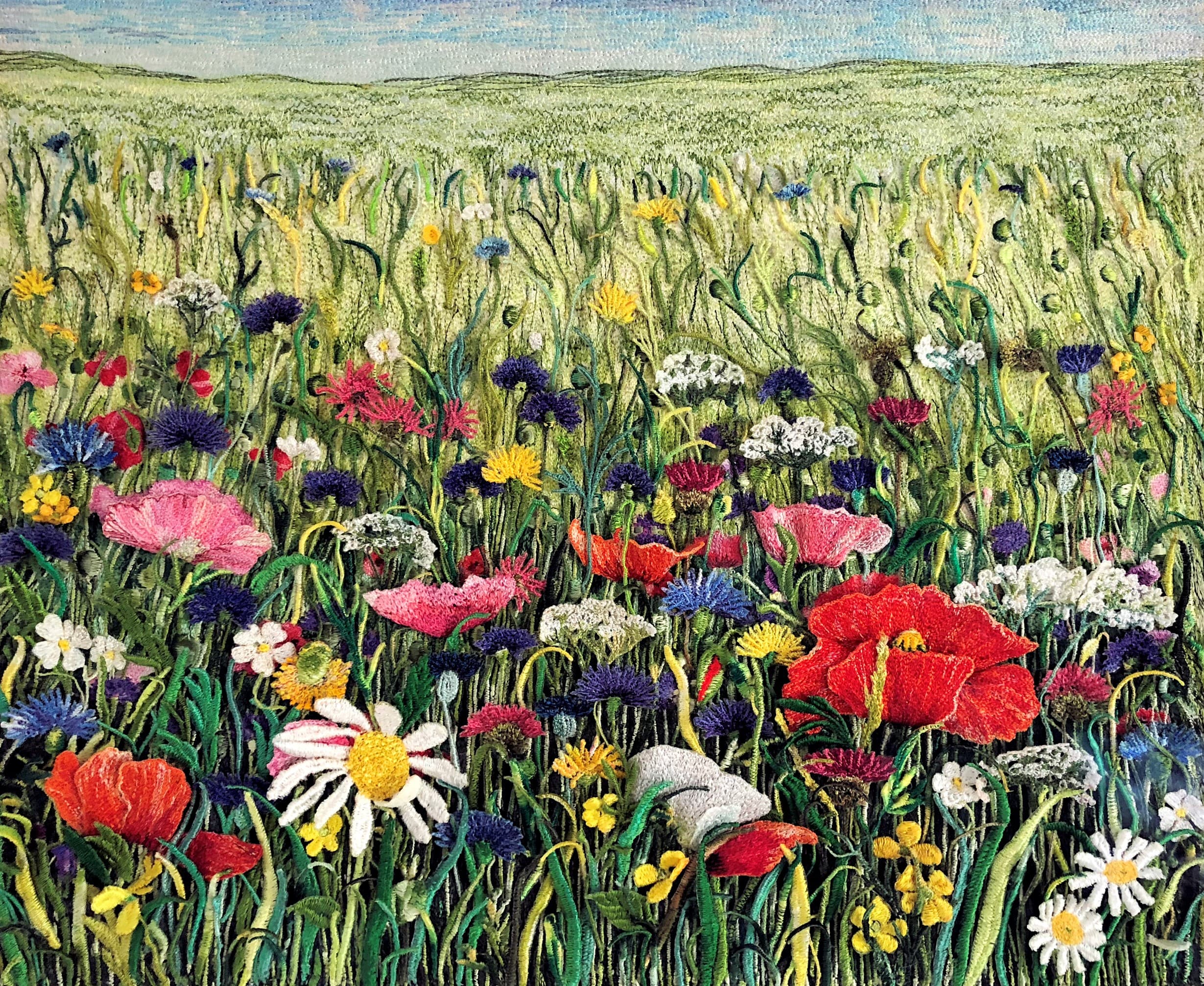 Meadow in Highgrove, a thread painting by Mitra McQuilton