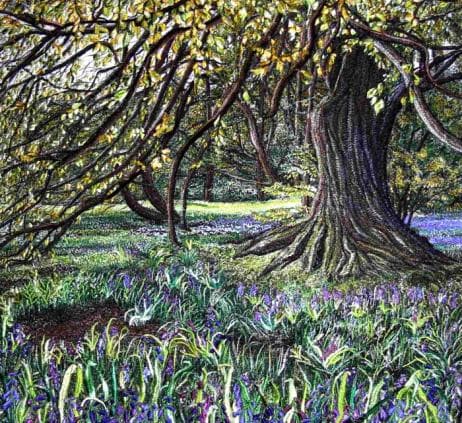 An old tree above a carpet of bluebells, stitched in thread