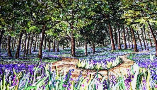 A woodland path through bluebells, stitched in thread
