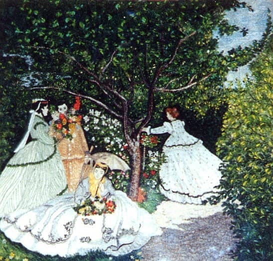 Women in a garden beneath a tree, a thread painting after Monet